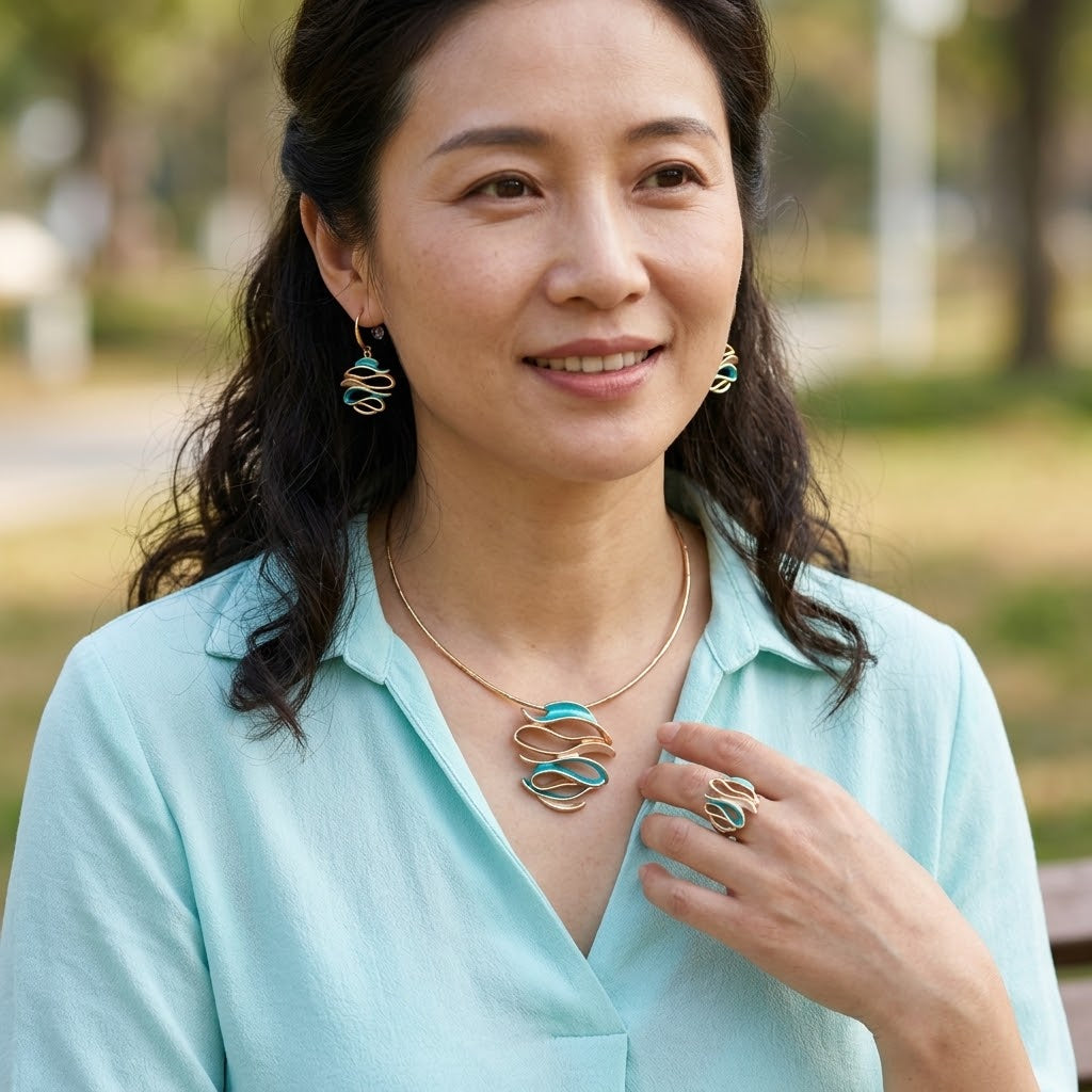 Woman wearing Ocean Breeze Sculptural Wave necklace earrings and coordinating ring