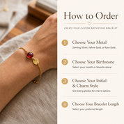 How to order a custom bracelet by choosing metal, birthstone, charm, initial, and length