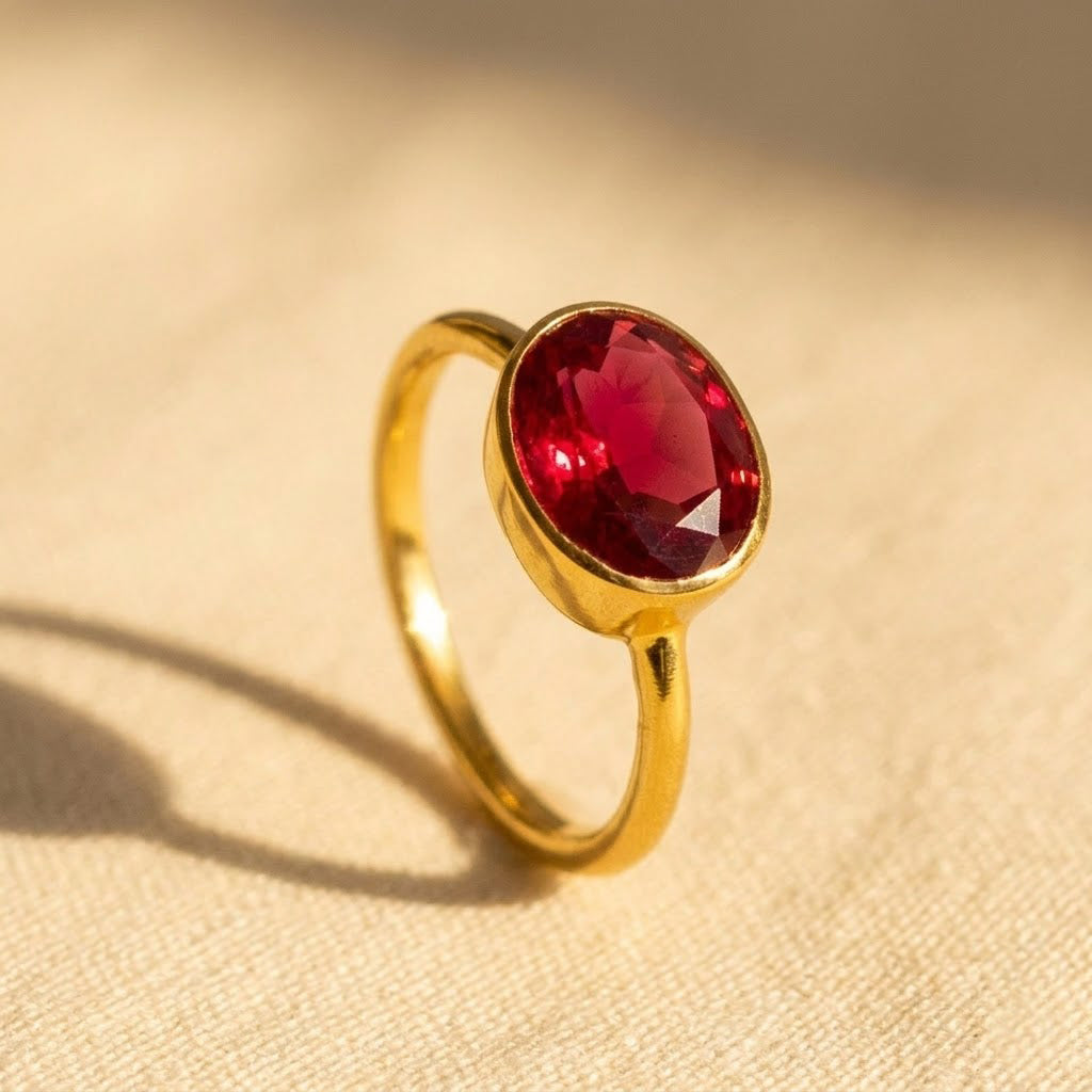 oval ruby quartz ring in gold, minimalist red gemstone ring, January birthstone ring for women