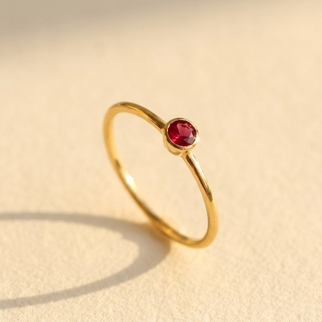 Dainty ruby ring in gold vermeil, July birthstone red gemstone bezel set stacking ring