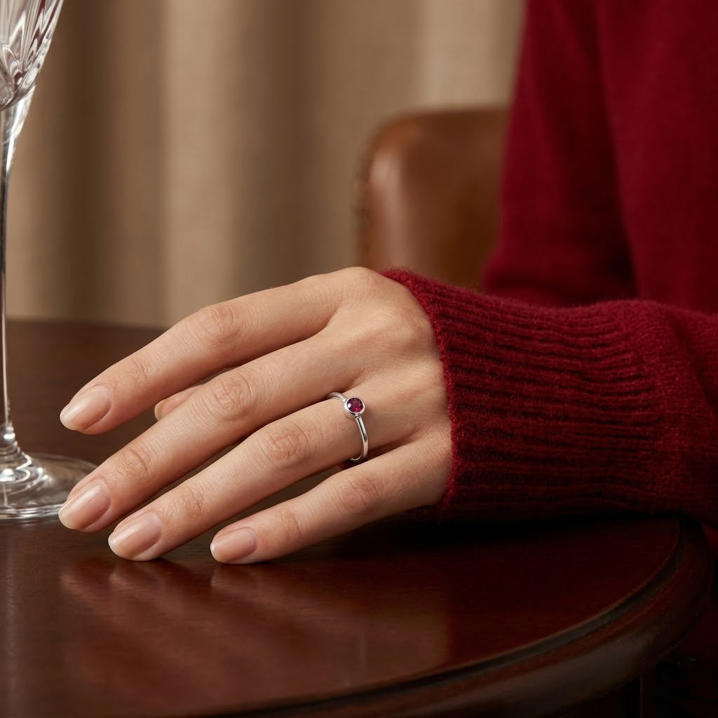 Minimalist ruby ring on finger, dainty red gemstone stacking ring for women