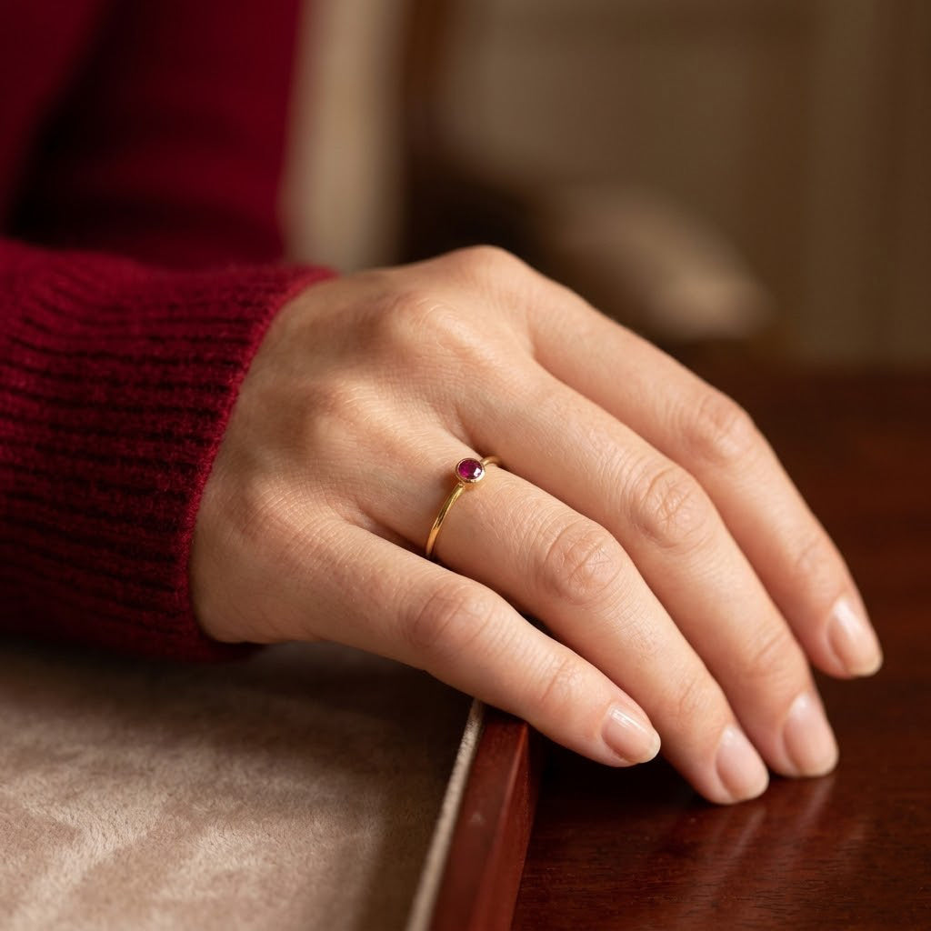 Close-up ruby ring on gold band, minimalist July birthstone ring with red gemstone
