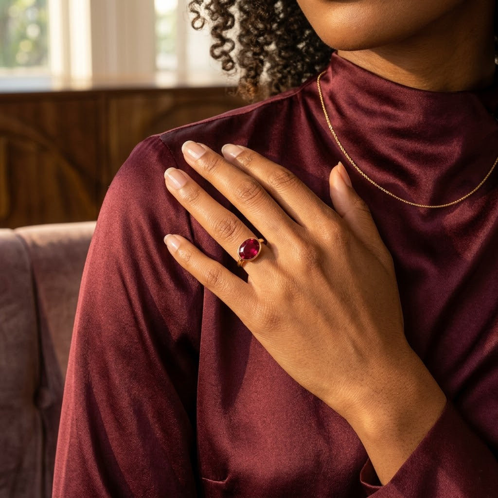 woman wearing ruby gemstone ring, elegant gold statement ring for special occasions or everyday style
