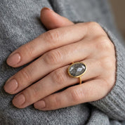 Large black rutilated quartz teardrop ring in yellow gold vermeil worn on hand
