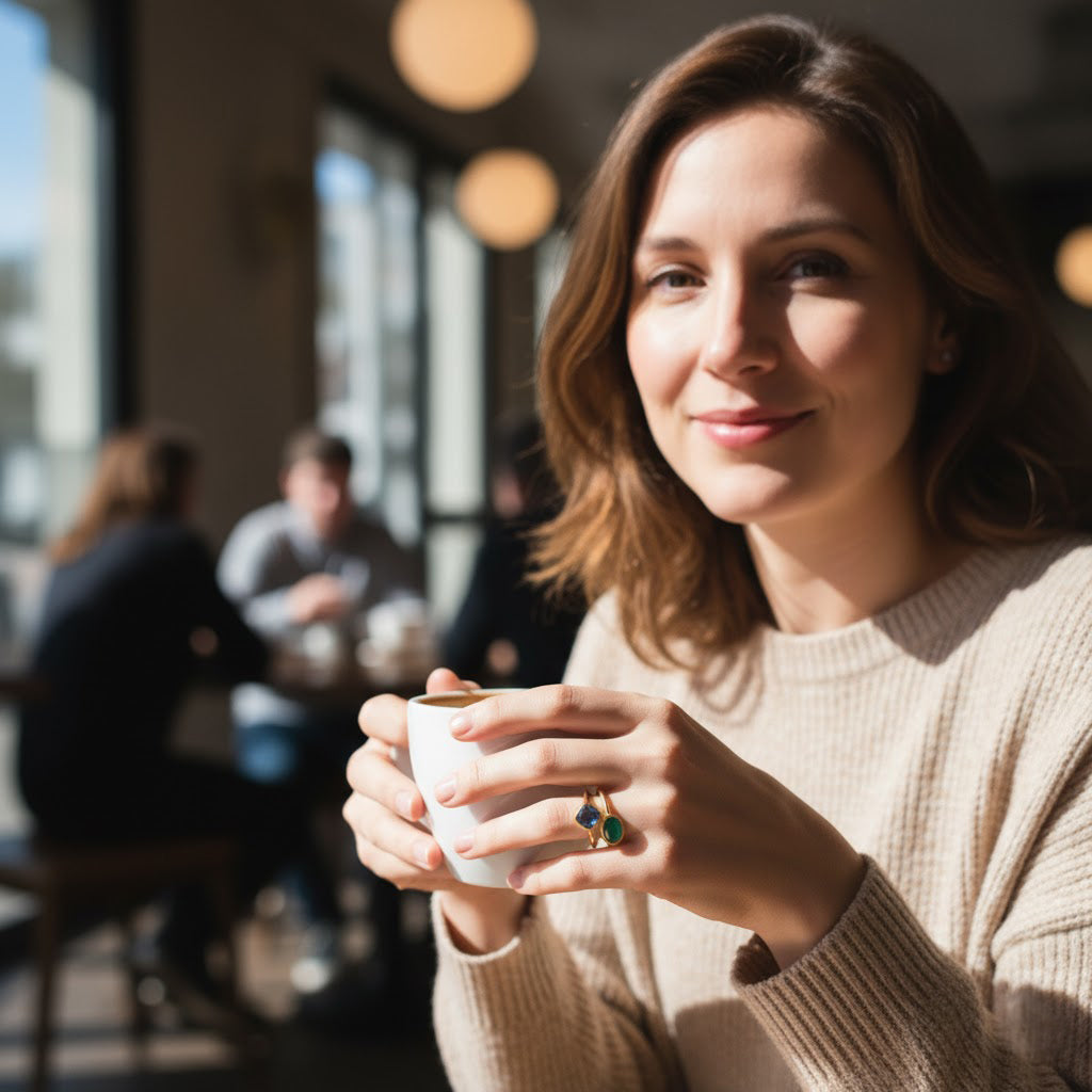 Woman wearing gold birthstone stacking rings with oval and diamond shaped stones, dainty personalized rings for everyday wear