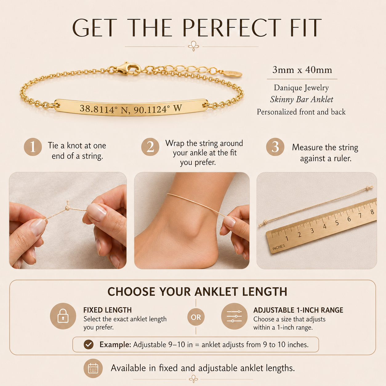Anklet sizing guide showing how to measure an ankle with string and select fixed or adjustable length.