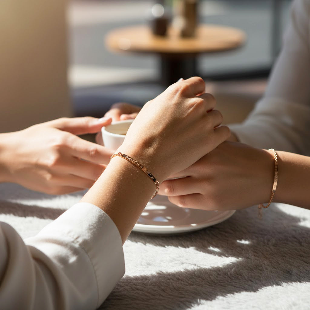 Two friends holding hands across a café table, each wearing a rose gold Morse code skinny bar bracelet with delicate dots and dashes engraved as a hidden message, minimalist personalized bar bracelet design that layers beautifully with other dainty chains, meaningful best friend morse code bracelet or gift for her to celebrate birthdays, bridal party, graduation or everyday moments, adjustable chain and custom word or phrase options available.