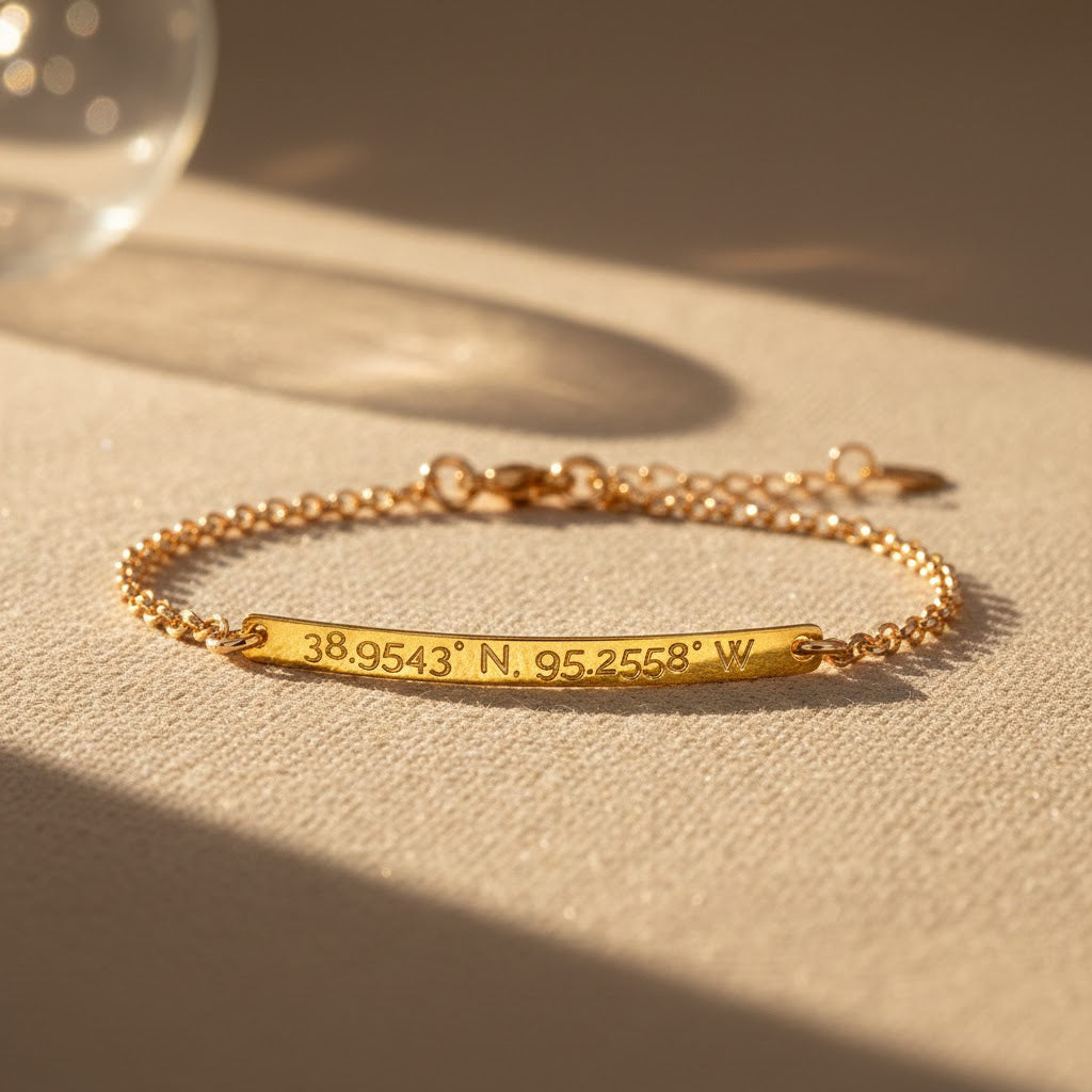 Custom coordinates bar bracelet photographed on neutral background, engraved skinny bar bracelet with latitude and longitude coordinates, personalized location bracelet crafted in gold filled metal, minimalist dainty bar bracelet design, custom engraved bracelet for travel memories, wedding location, or special place, elegant everyday jewelry gift for women, clean product photography highlighting crisp engraving