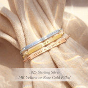 Display of custom coordinates bar bracelets in .925 sterling silver, 14K yellow gold filled, and 14K rose gold filled, personalized engraved skinny bar bracelets showing metal options, minimalist dainty bar bracelet collection, location and GPS coordinate jewelry, handcrafted personalized bracelets for women, comparison image highlighting finishes and engraving clarity