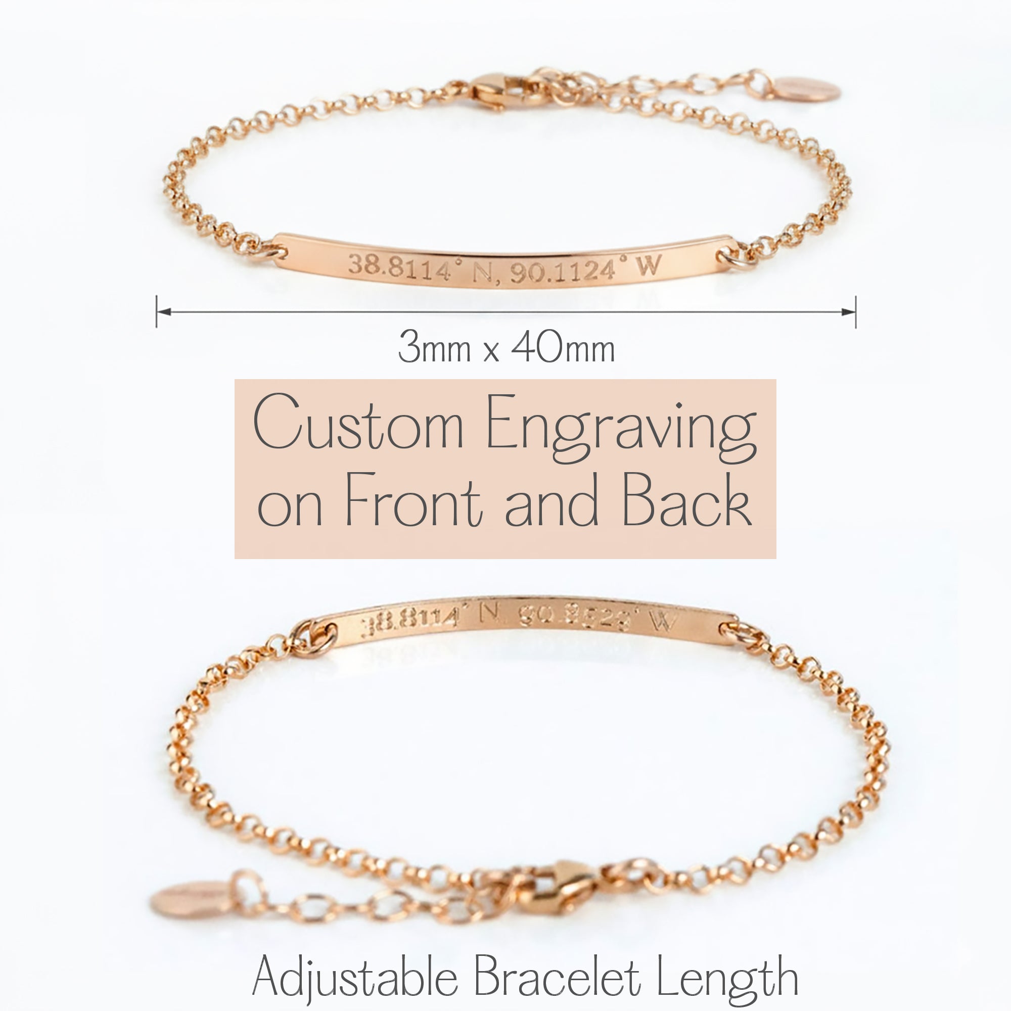 Product infographic showing skinny bar bracelet size and engraving options, custom coordinates bar bracelet guide with front and back engraving, adjustable bracelet length illustration, personalized engraved bar bracelet details, minimalist jewelry sizing reference, helpful image for ordering latitude longitude bracelet