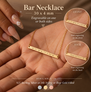 Custom skinny bar necklace showing 30 x 4 mm pendant and engraving options
