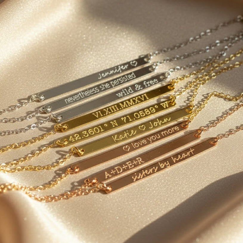 Custom Engraved Dainty Skinny Bar Necklaces in 925 Sterling Silver, 14K Gold Filled, Rose Gold Filled. Custom Name Skinny Bar Necklace, Personalized Quote Bar Necklace, Roman Numeral Date Necklace, Custom Coordinate Bar Necklace, Personalized Couples Names Necklace, Custom Kids Initials Skinny Bar Necklace 