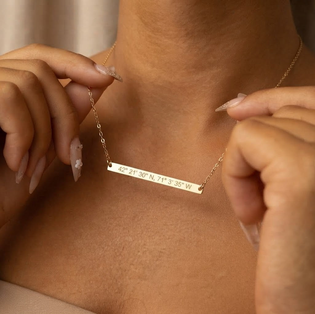 Custom engraved skinny bar necklace with coordinates in yellow gold filled
