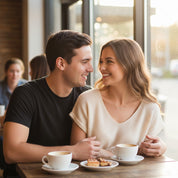 Couple sitting together at a café wearing a minimalist skinny bar necklace with a hidden message. Personalized bar necklace in sterling silver or gold filled, designed as a subtle secret message necklace for everyday wear. Elegant morse code bar necklace style gift for girlfriend, wife, or partner, perfect for anniversaries, Valentine’s Day, or meaningful jewelry that symbolizes love, connection, and shared moments.