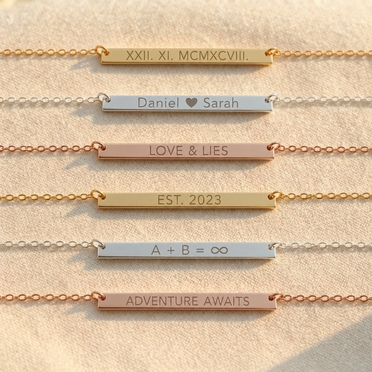 Personalized skinny bar necklaces engraved with names dates and coordinates
