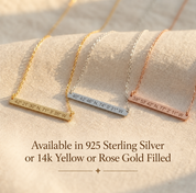 Engraved bar necklaces in sterling silver yellow gold and rose gold filled
