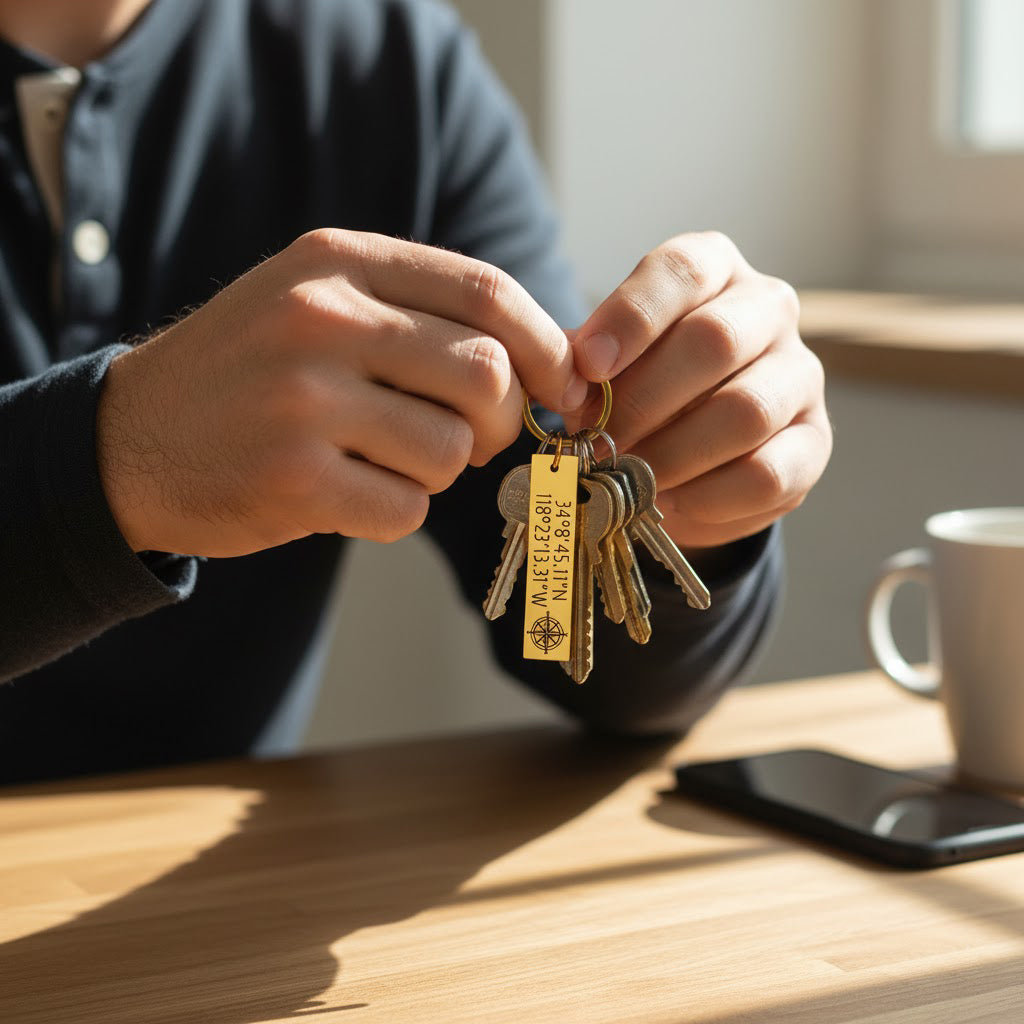 Man holding custom engraved stainless steel keychains at coffee table, personalized bar keyring with coordinates and names, anniversary or wedding date gift for husband