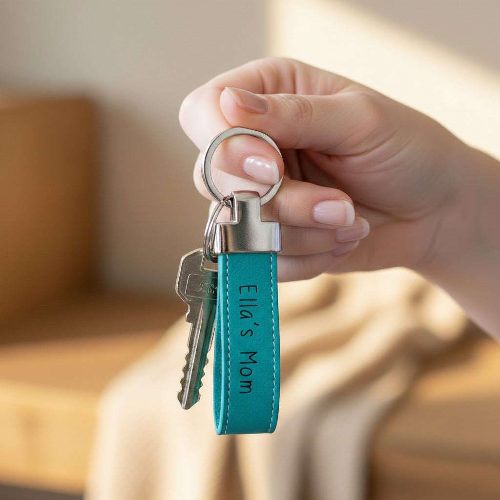 Hand holding a personalized leather keychain engraved with a name, showing durable hardware and smooth natural leather finish