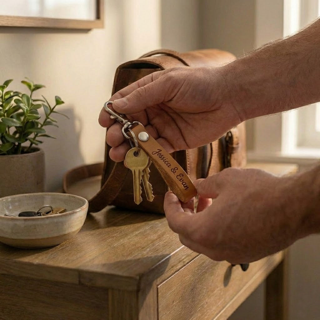 Personalized leather keychain attached to keys on table, engraved leather key fob for daily use, durable minimalist leather accessory gift for men and women