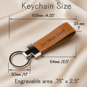 Graphic showing full measurements of the leather keychain including total length, width, engraving area, and hardware size; essential guide for customers choosing their personalized key fob.