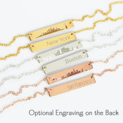 Custom skyline bar necklaces with optional back engraving, personalized city bar pendant in gold silver rose gold, travel inspired jewelry.