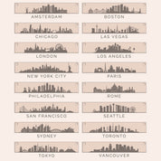 City skyline engraving chart showing available skyline options for custom bar necklace including New York, Paris, London, and more.