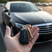 Close up of custom engraved stainless steel bar keychain personalized text engraving on metal keyring
