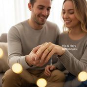 Couple gift moment featuring February Green Amethyst and September Sapphire birthstone ring, symbolic stacking birthstone jewelry representing love and connection, meaningful personalized ring gift for partners or anniversaries
