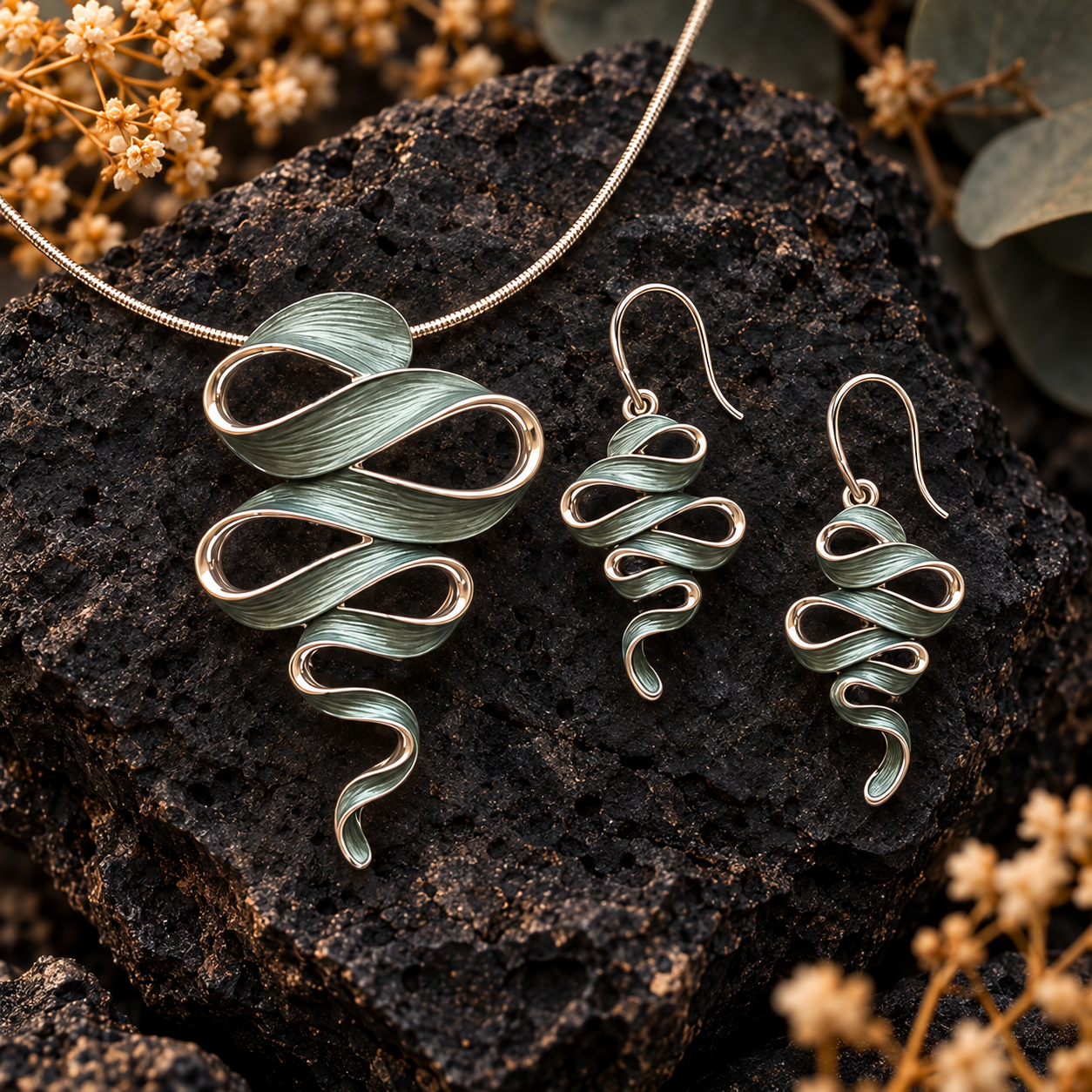 Natural Sage boho Ribbon Cascade necklace and matching drop earrings on dark textured stone

