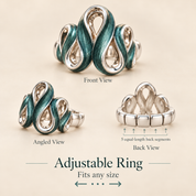 Ribbon Cascade adjustable ring chart showing front angled and back views
