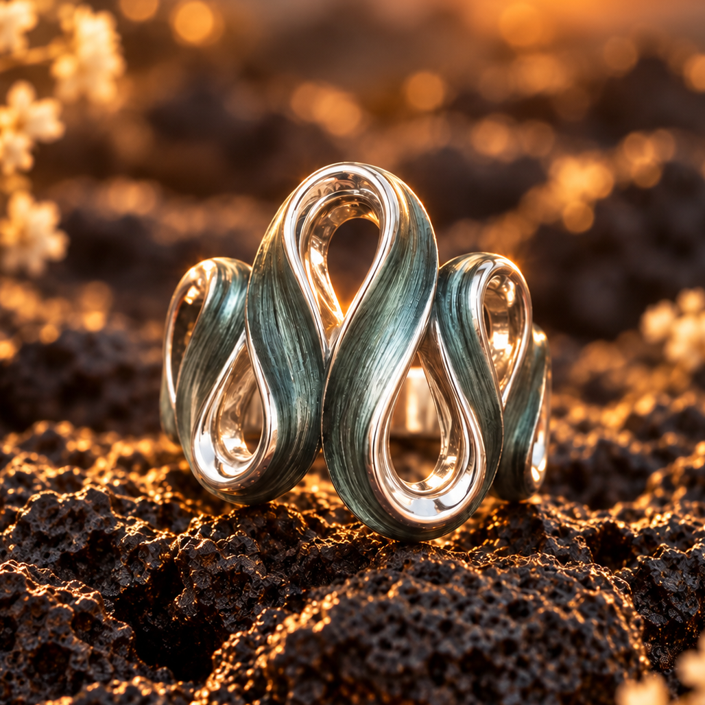 Natural Sage Ribbon Cascade adjustable statement ring with sculptural flowing curves on dark stone

