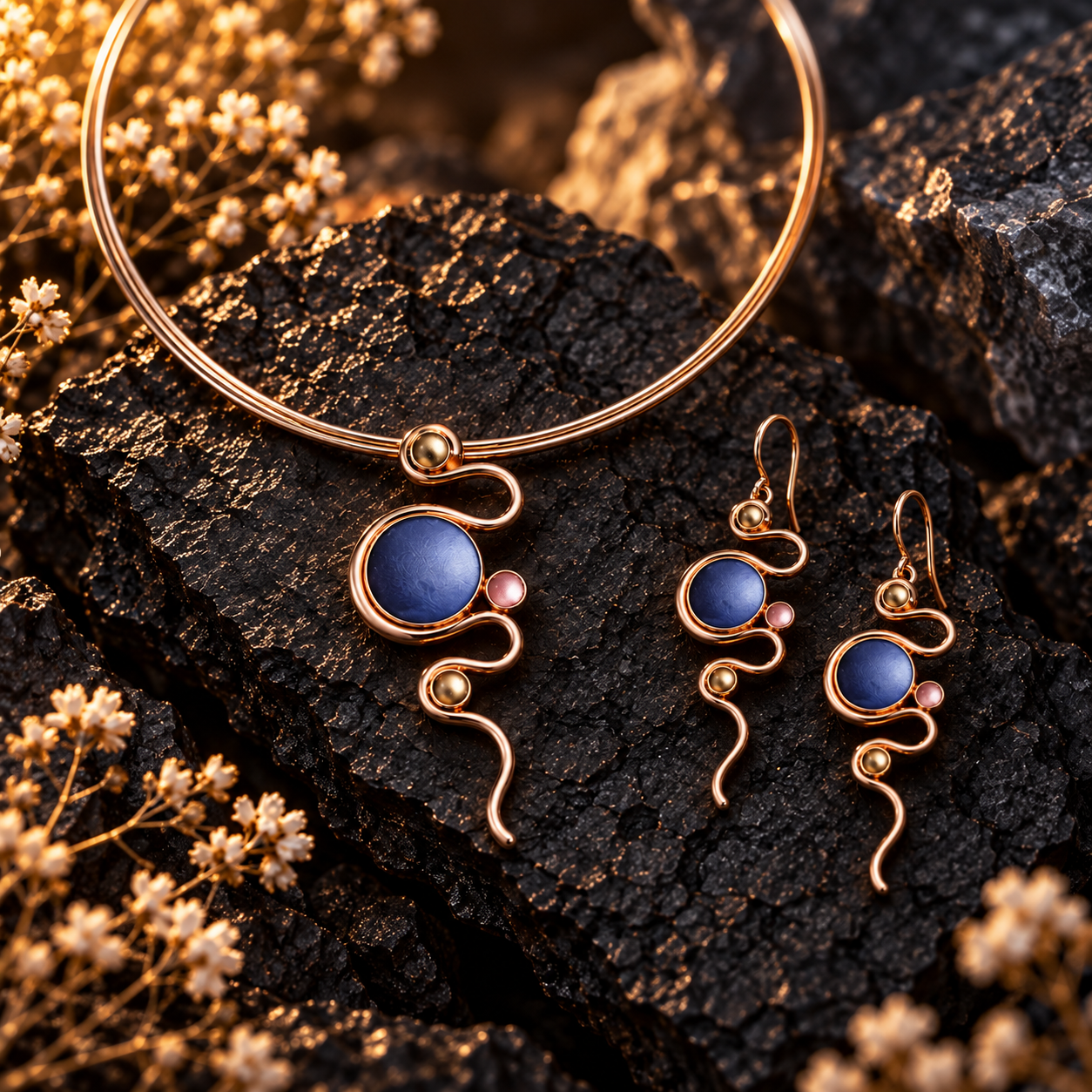 Boho serpentine necklace and matching abstract earrings displayed on dark textured stone


