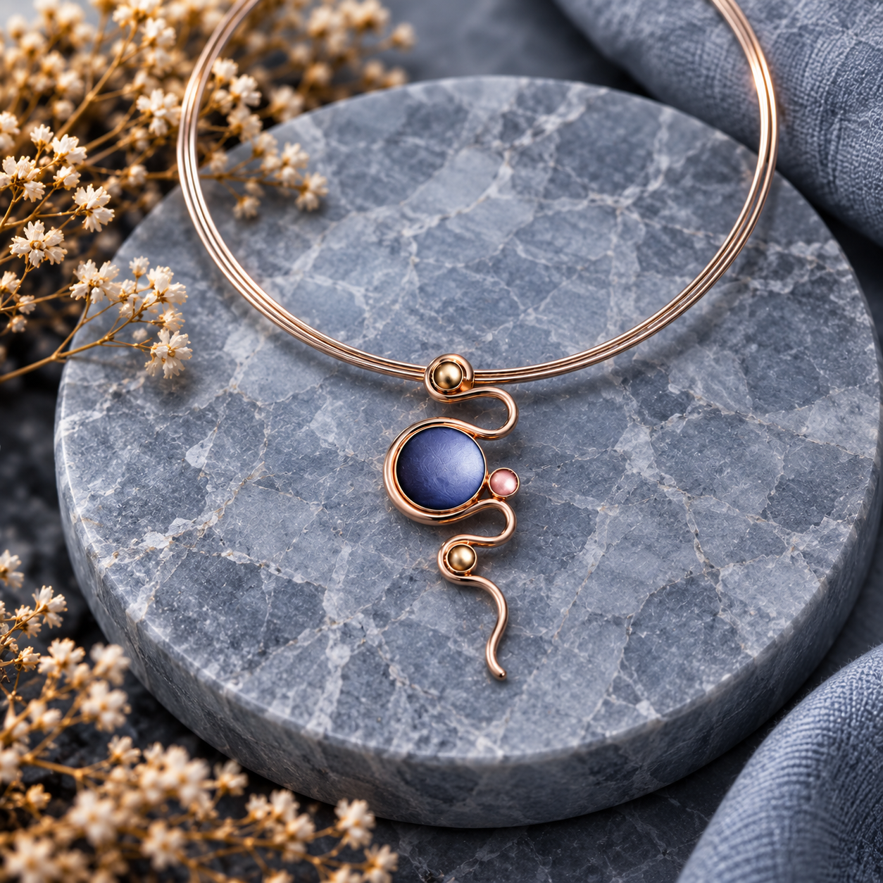 Boho serpentine statement necklace with cobalt blue and blush rose gold abstract pendant on gray stone

