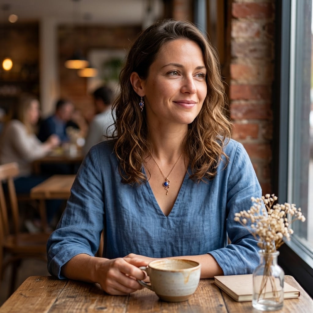 Woman wearing blue boho serpentine pendant necklace in cafe setting
