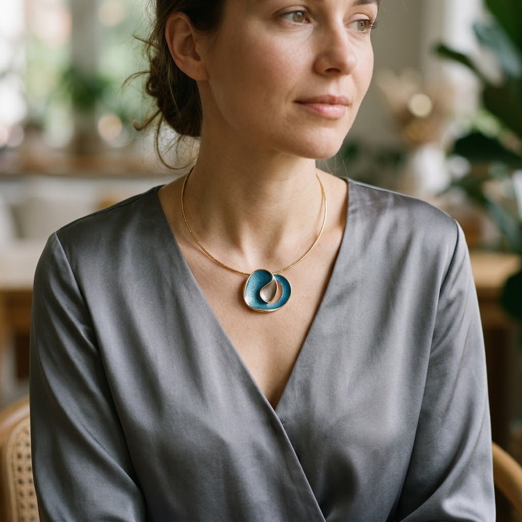 Woman wearing Ocean Breeze Sculptural Loop pendant necklace with gray satin blouse

