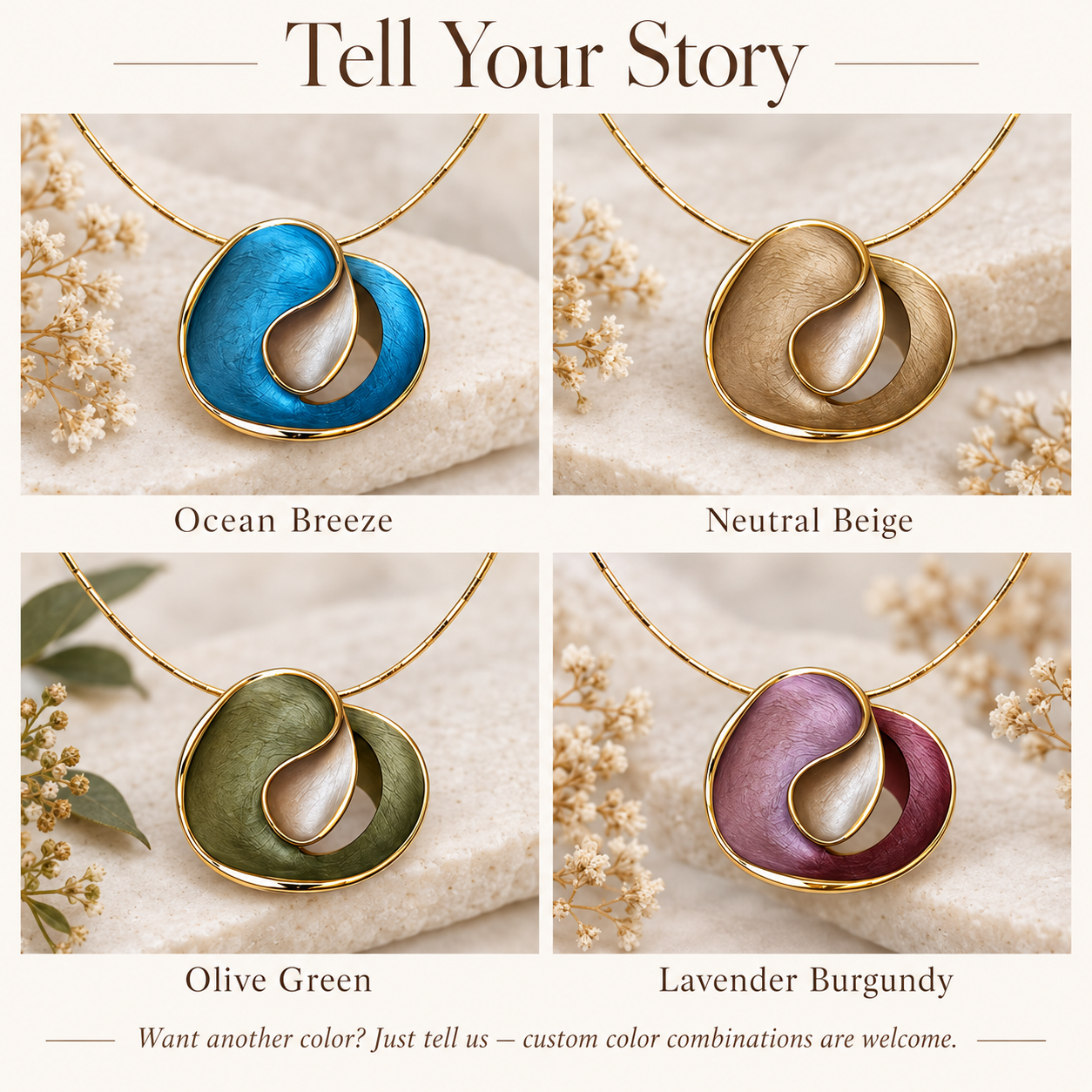 Sculptural Loop necklace color options in Ocean Breeze Neutral Beige Olive Green and Lavender Burgundy

