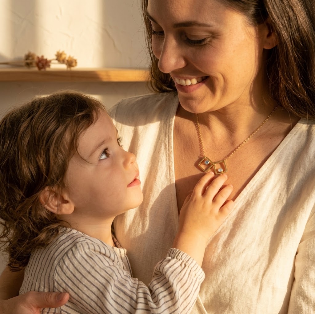 Mom wearing personalized family birthstone necklace with child
