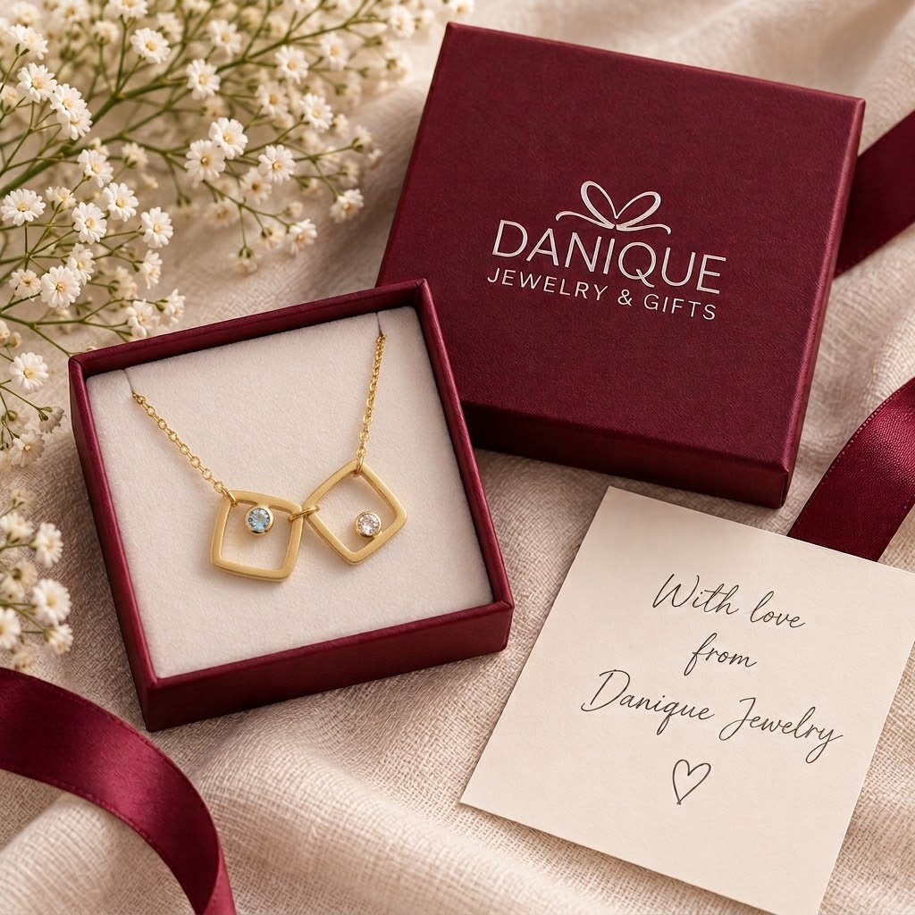 Personalized birthstone necklace in Danique Jewelry gift box