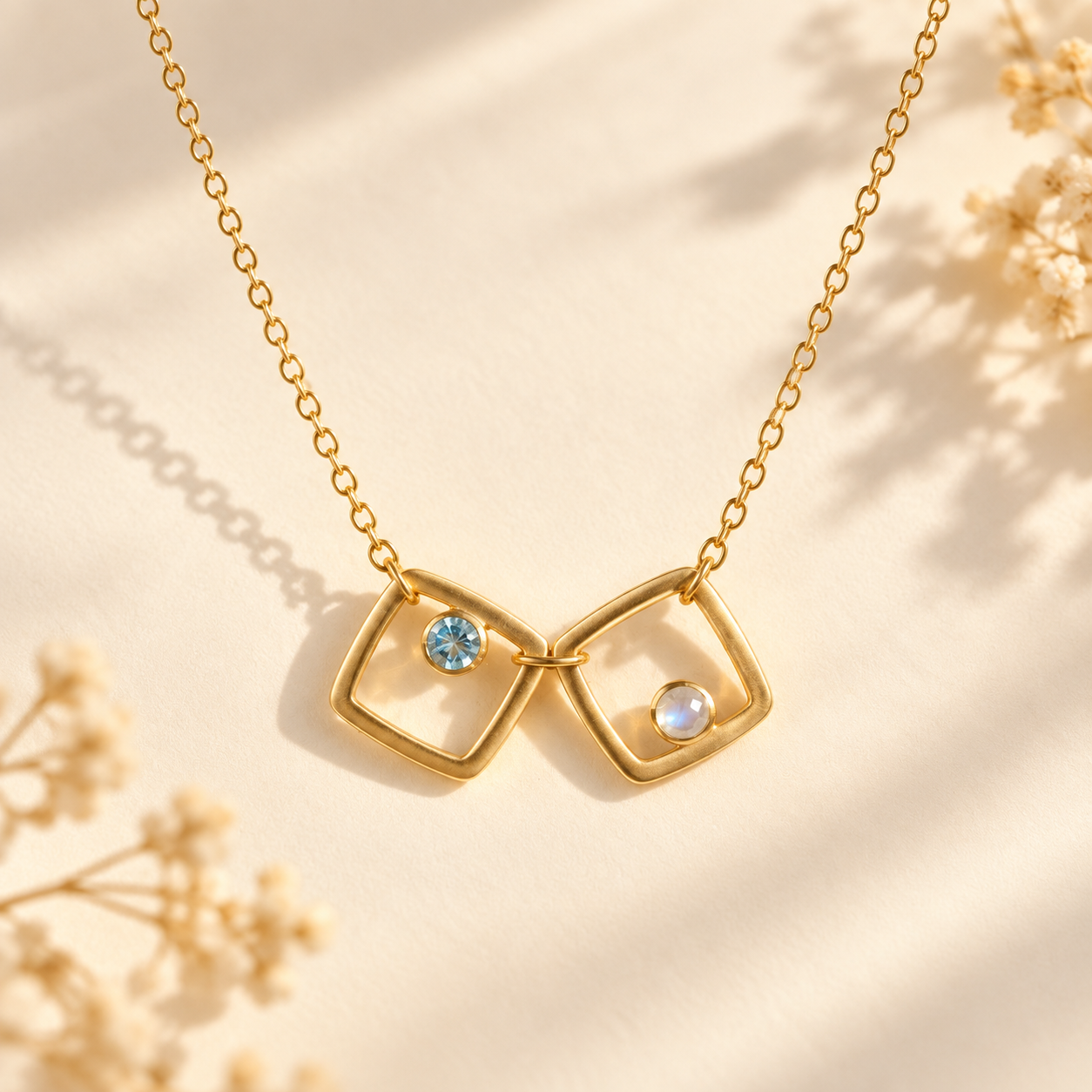 Personalized square birthstone necklace with two gold pendants and tiny gemstones