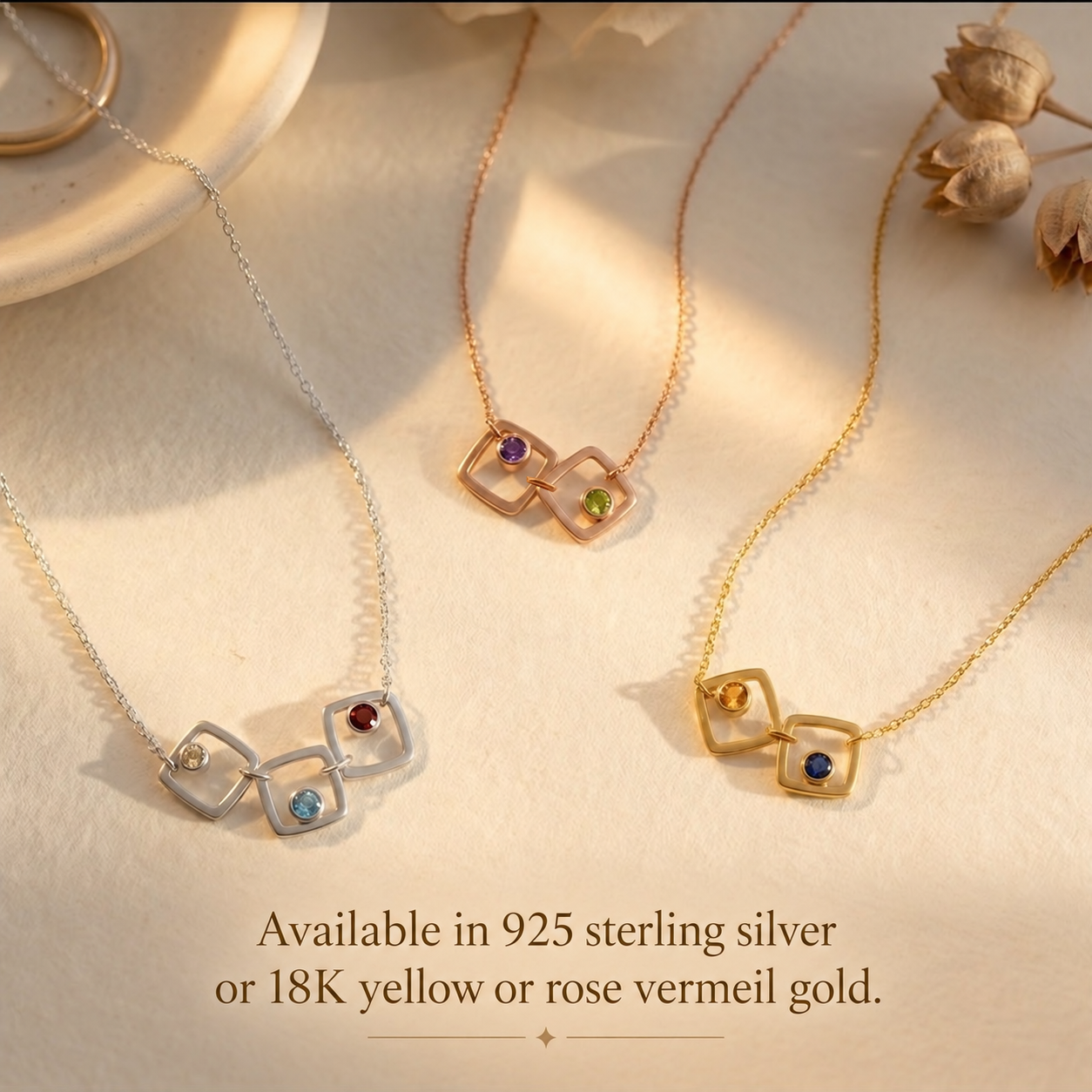 Eden birthstone necklaces in sterling silver rose gold and yellow gold