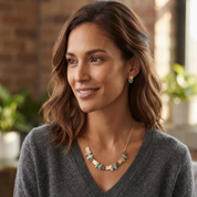 Woman wearing aqua and neutral stacked squares statement necklace and matching stud earrings
