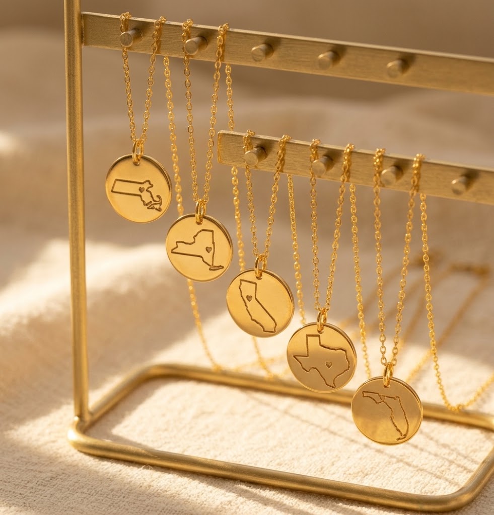 Custom state outline necklaces engraved with meaningful locations
