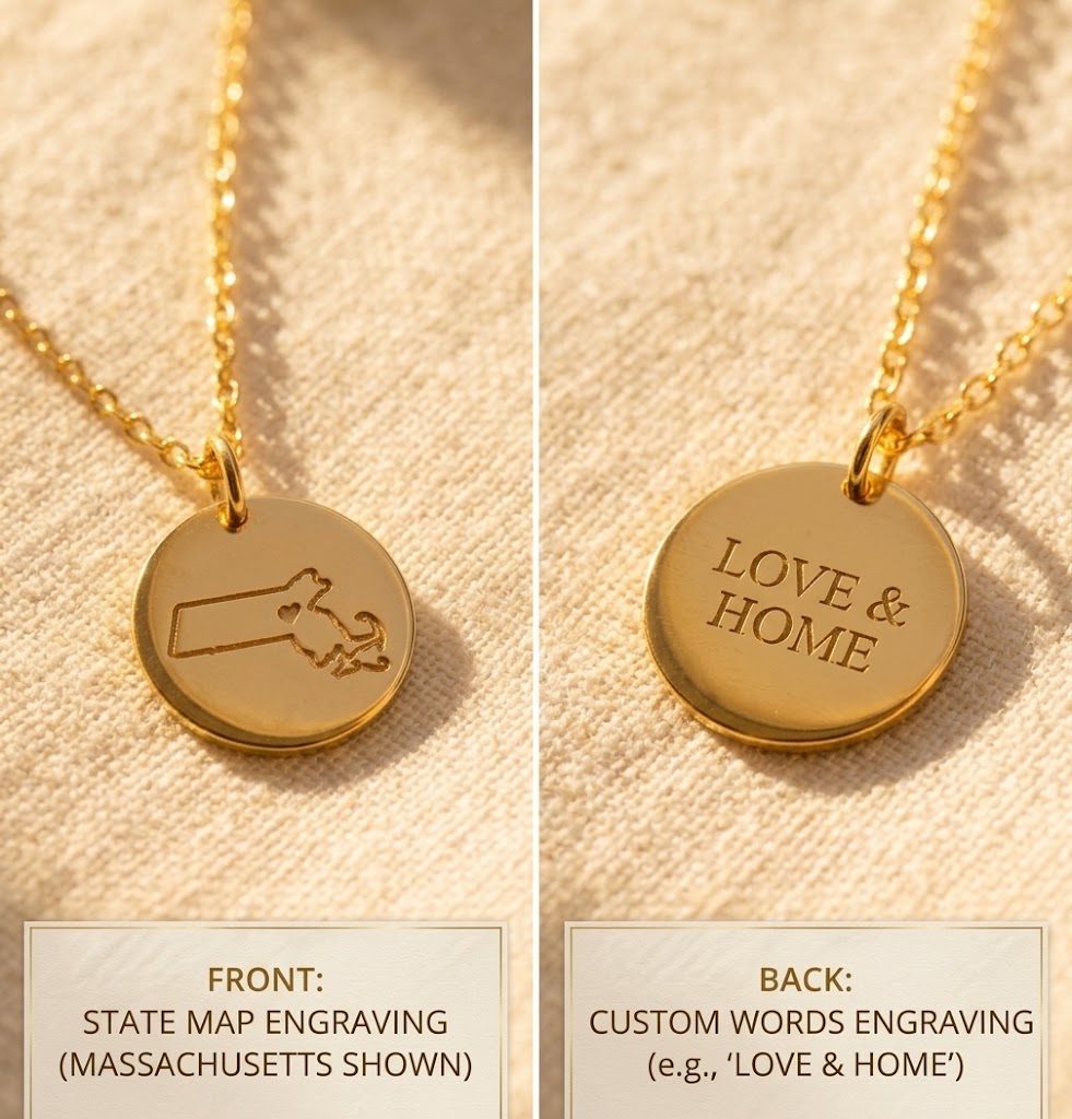 Personalized state necklace showing front map engraving and optional back message
