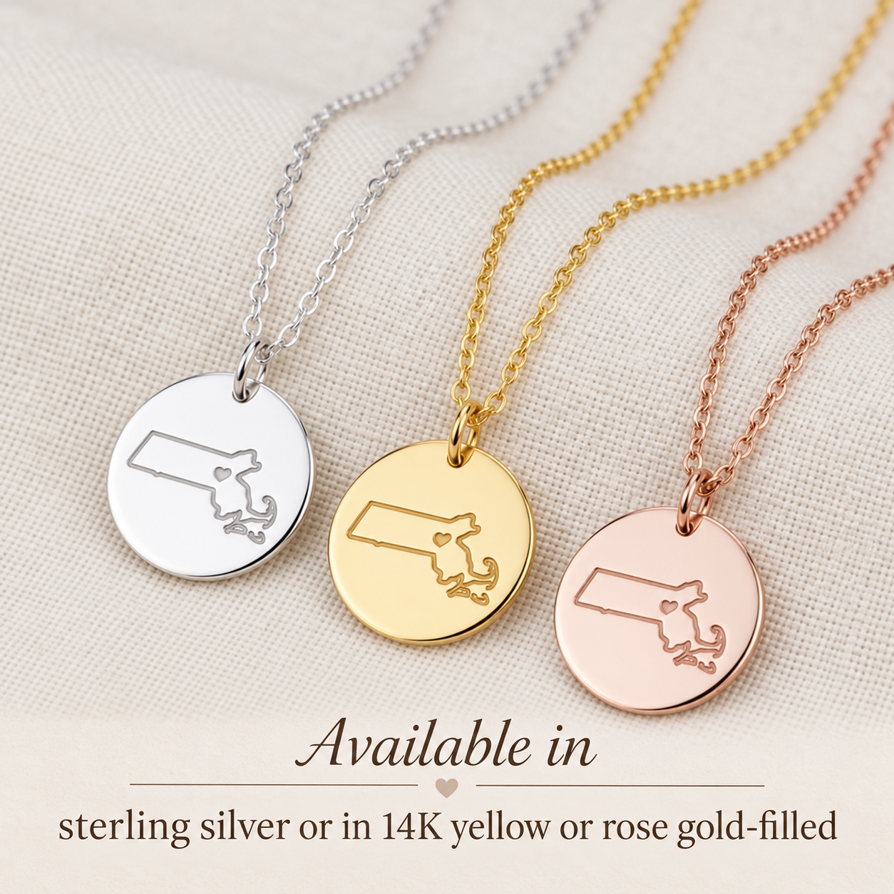 State map necklaces in sterling silver yellow gold and rose gold filled
