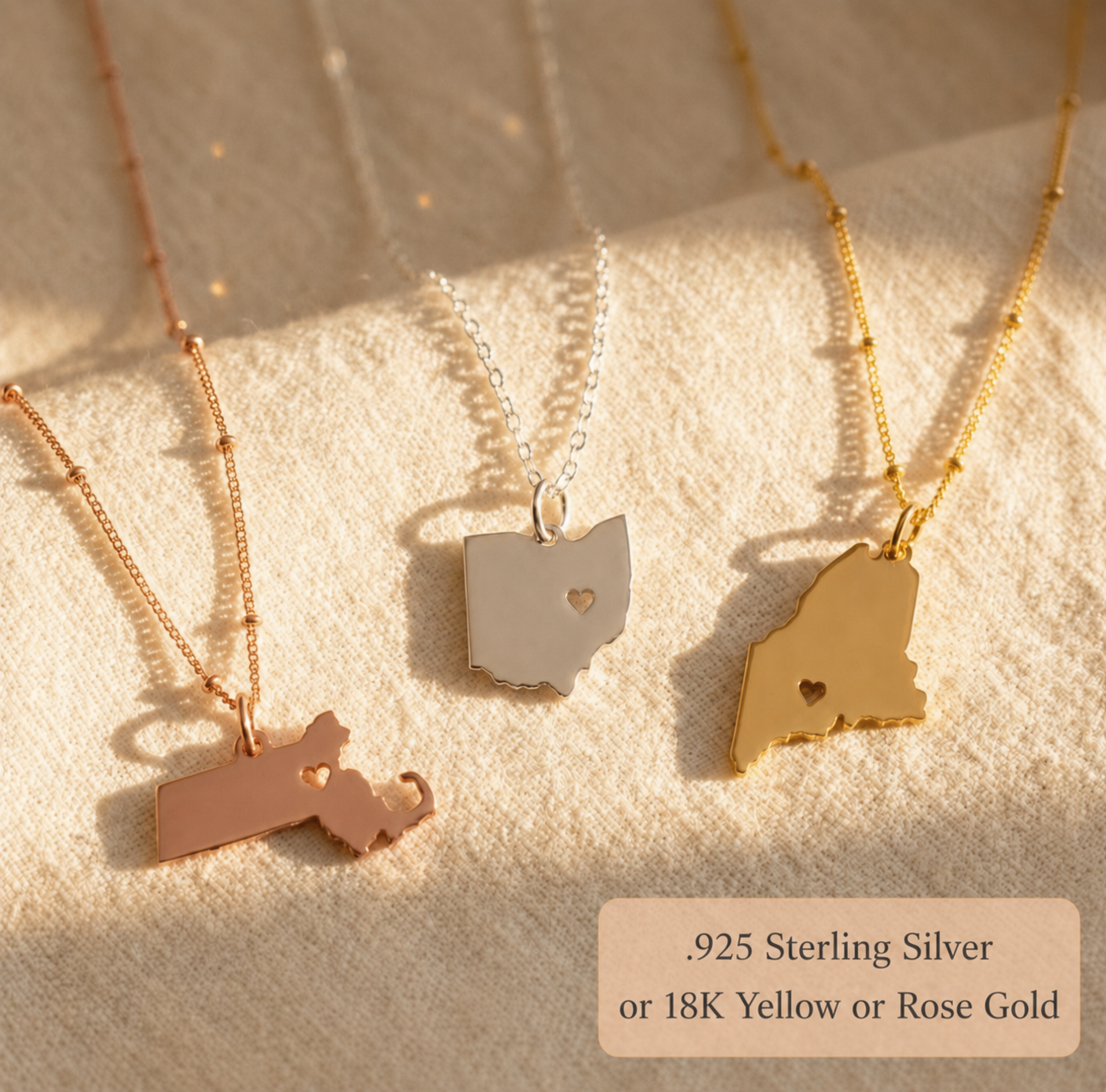 Custom State or Country Necklace, with Heart Cutout in rose gold or sterling silver