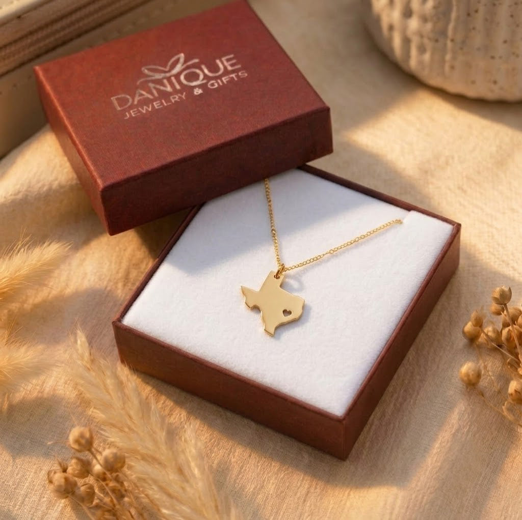 Custom State or Country Necklace, with Heart Cutout in rose gold or sterling silver