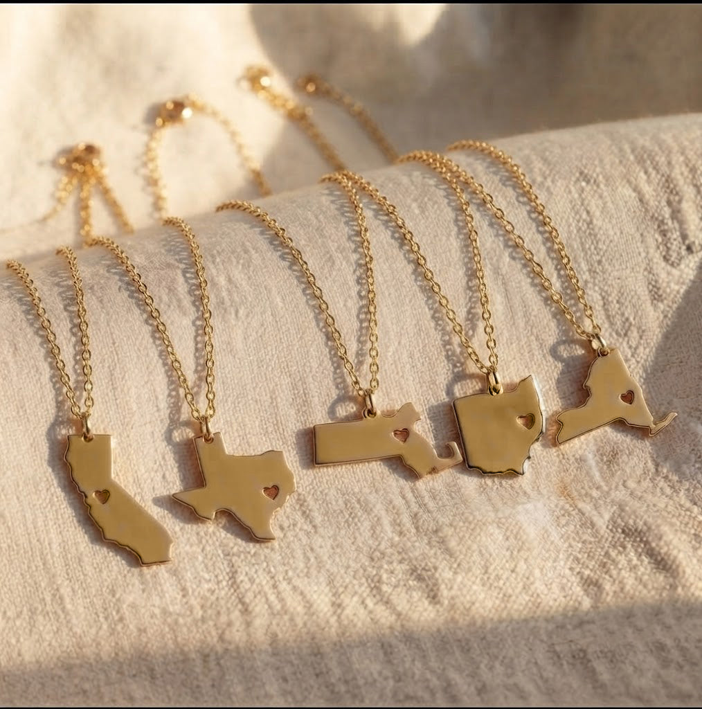 Custom State or Country Necklace, with Heart Cutout in rose gold or sterling silver