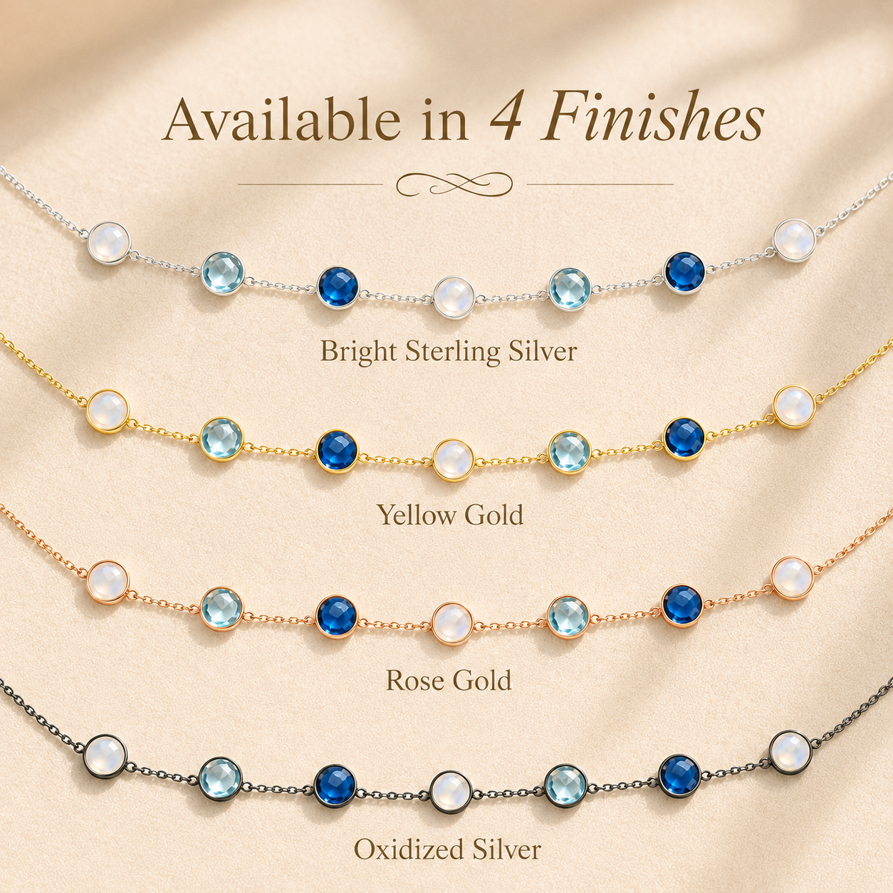 Natural birthstone station necklace available in bright silver, yellow gold, rose gold and oxidized silver finishes