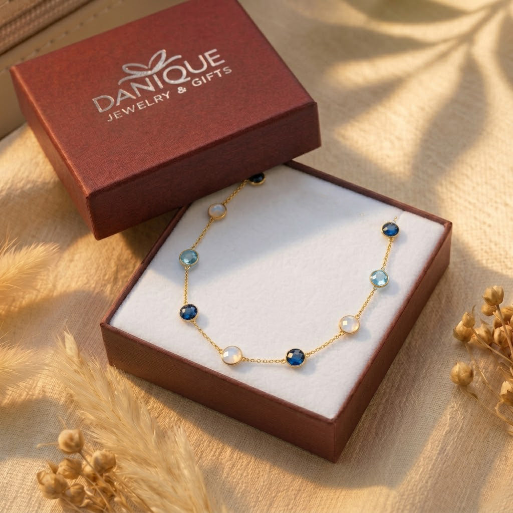 Custom family birthstone necklace presented in Danique Jewelry gift packaging for Mom or Grandma