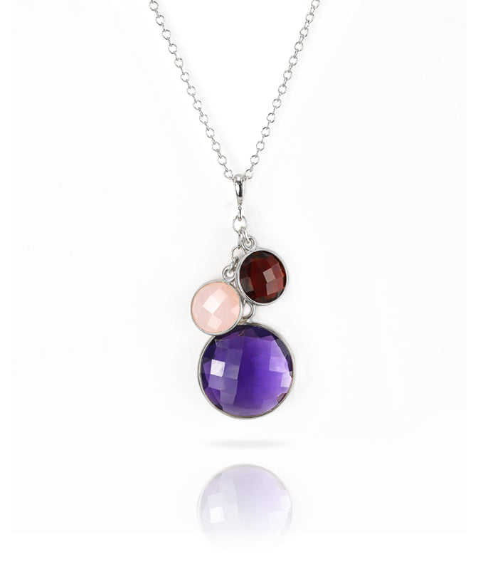 Sterling silver mother’s necklace with two bezel-set birthstones, Amethyst (February) and Garnet (January). Personalized family jewelry keepsake gift for mom or grandma, perfect for birthdays, anniversaries, or Christmas. Customizable with additional gemstone pendants as family grows.